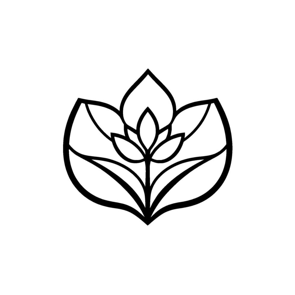 Elegant Monochrome Floral Emblem A symmetrical, minimalist line art depicting a stylized blossom with layered petals and stem on a plain white background. vector