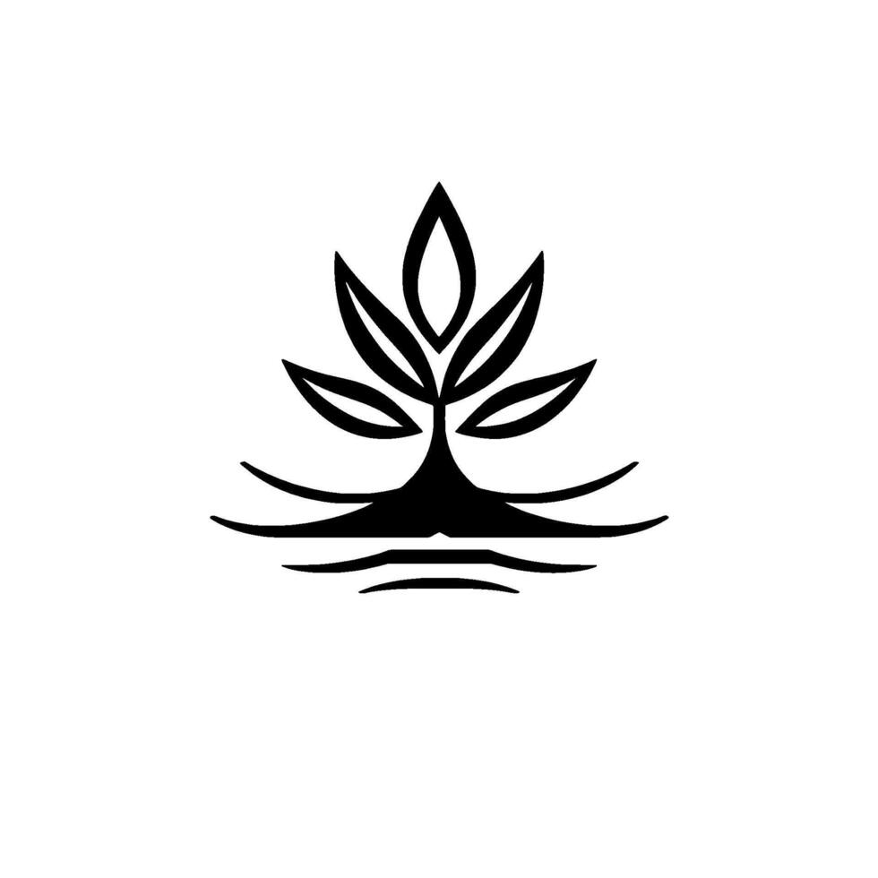 Simple black and white minimalist featuring a stylized tree with leaves on top of wavy water reflections against a white background. vector