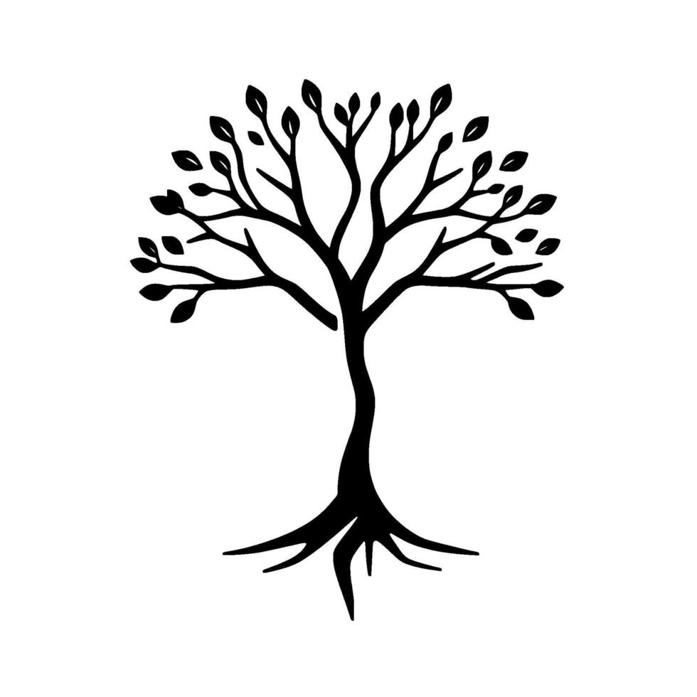 A stylized, symmetrical black tree illustration with prominent roots and leaves, standing out against a clean white backdrop, conveying growth and nature. vector