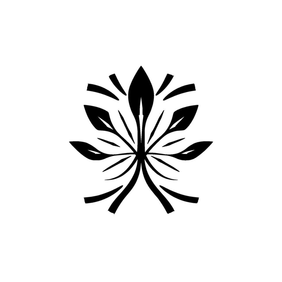 Symmetrical black leaflike emblem centered on a bright white background, showcasing a minimalistic, botanical with radiating lines. vector