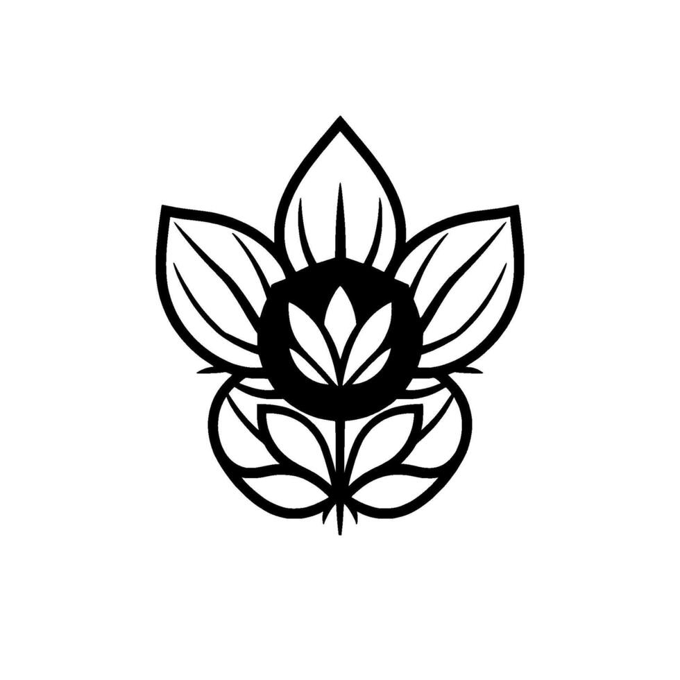 Bold Black and White Floral with Layered Petals, Creating a Symmetrical Artistic Emblem on White Background. vector