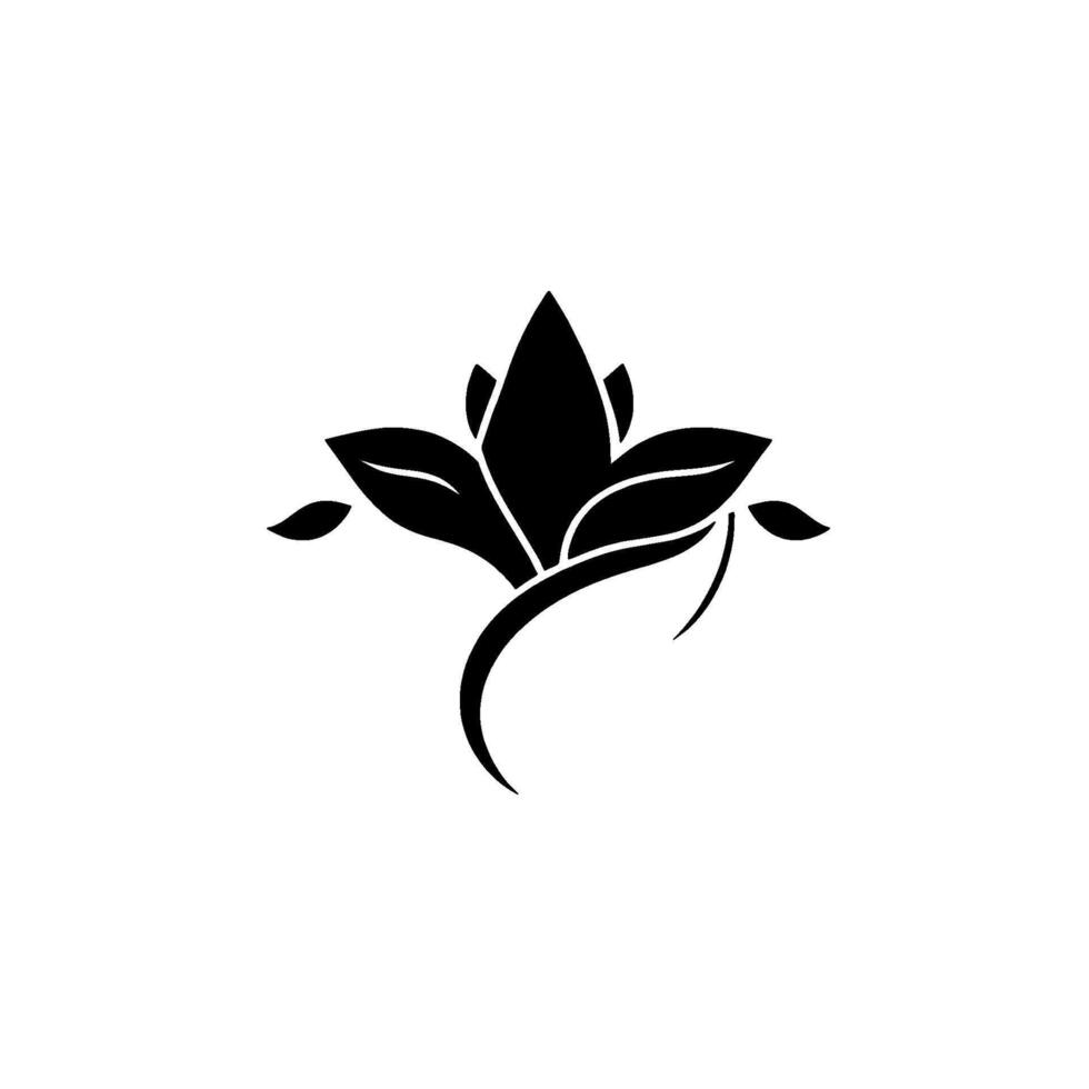 Elegant black and white stylized floral emblem featuring a central pointed petal cluster, curved stem and accent leaves. vector