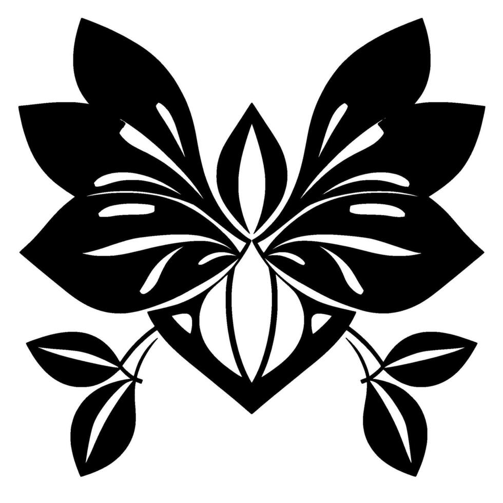 Symmetrical Floral with Butterflylike Petals, Leaves, and Intricate CutOuts in Bold Black and White Minimalism. vector