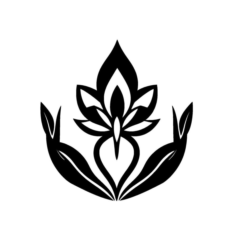A striking, symmetrical black and white floral featuring a stylized bloom with surrounding leaves, exuding elegance. vector