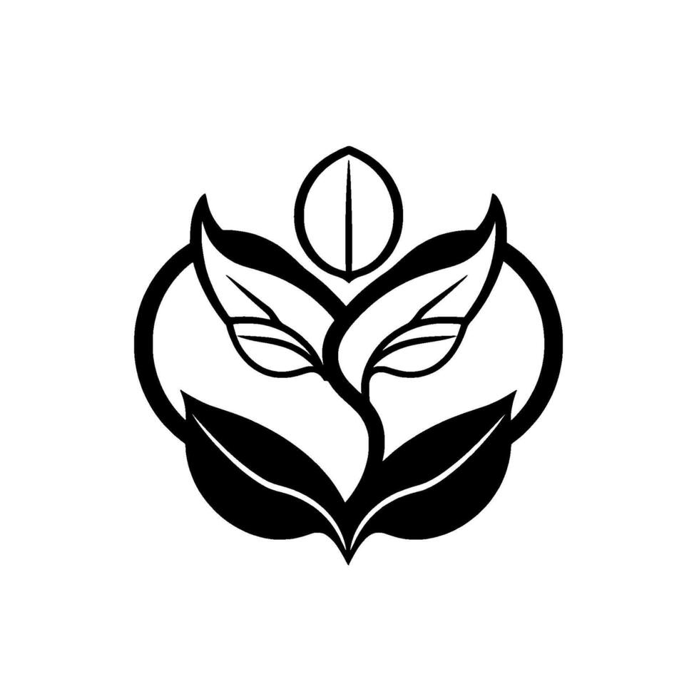Black and White Emblem Stylized Leaves Emerging From a HeartShaped Structure, Evoking Growth, Nature, and Simplicity. vector