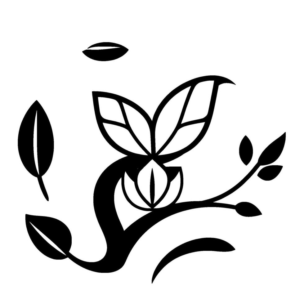 Stylized black and white illustration of a floral motif with leaves, stems, and a central flowerlike on a white background. vector