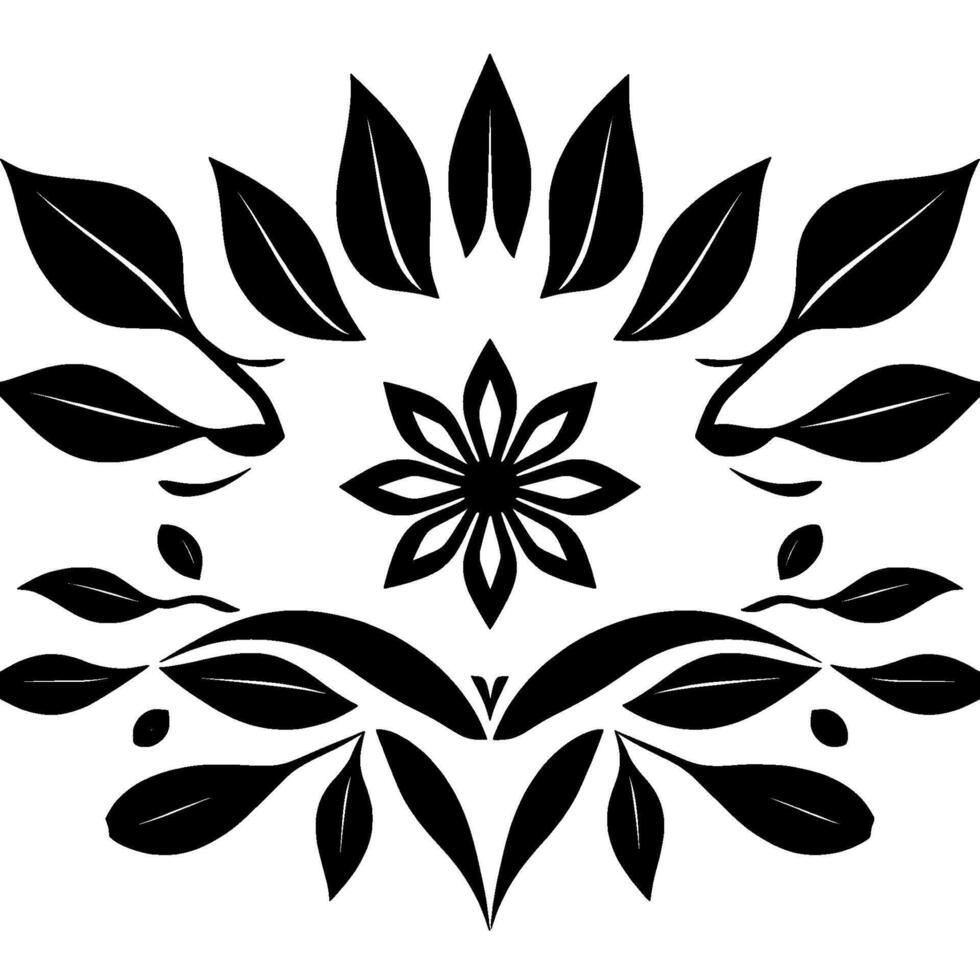 Symmetrical Black and White Floral and Leafy with Central Starlike Flower and Detailed Foliage Arrangements on White Background. vector