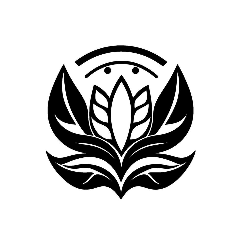 Symmetrical Black and White Floral Emblem with Curved Top, Eyelike Dots, and Leafy Petals on a White Background. vector