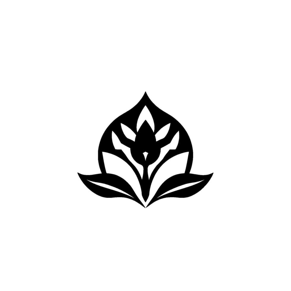 Abstract Black and White Floral Symmetrical, Simplified Flower with Petal and Leaf Elements on White Background. vector