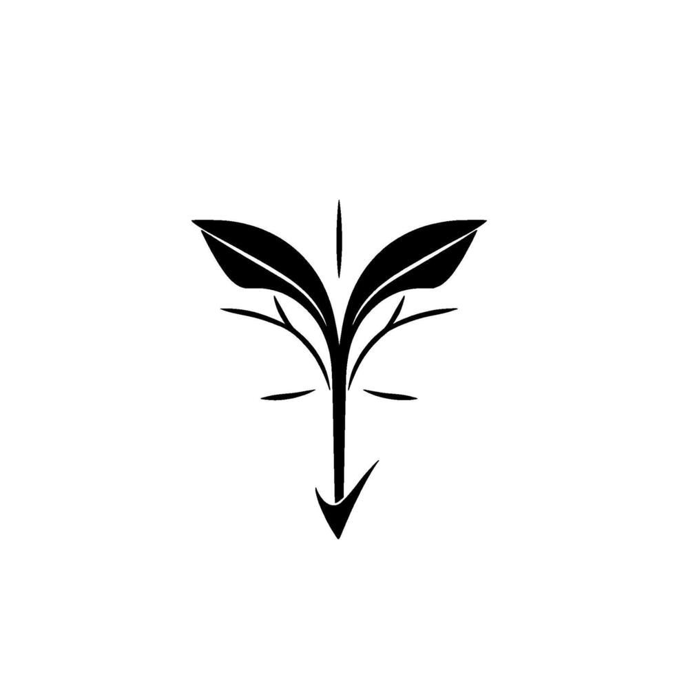 Minimalist Black and White Plant with Bold Leaves and Downward Arrow, Modern, Geometric. vector