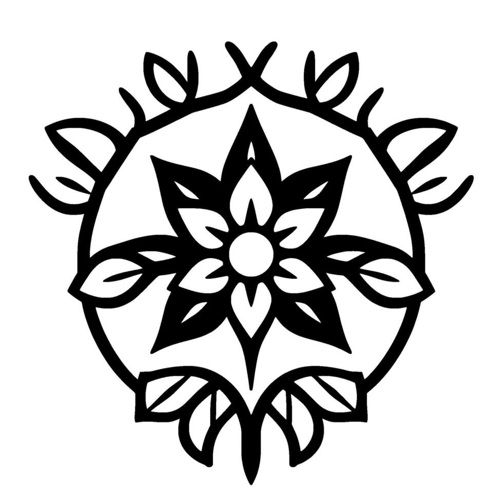 Intricate black and white floral mandala with stylized leaves, petals, and a central flower within a circular frame on a plain white backdrop. vector