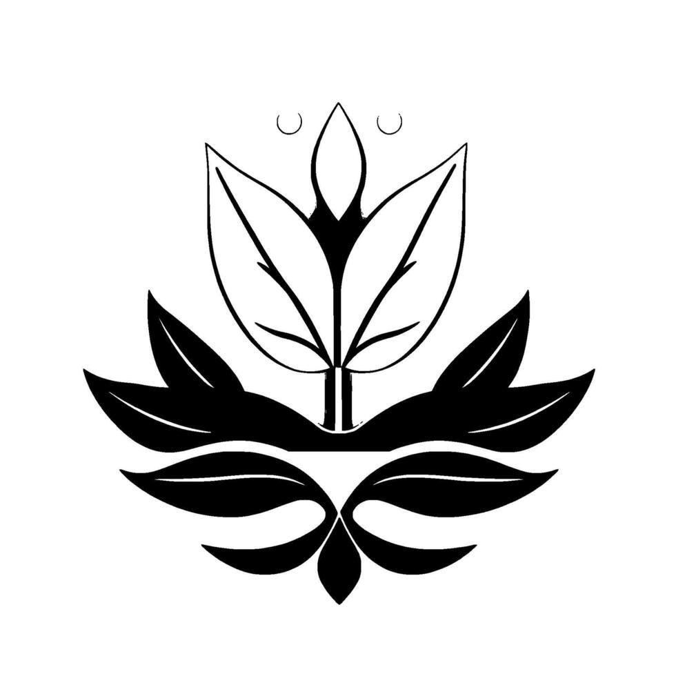 Minimalist black and white floral emblem featuring symmetrical leaves, organic lines, and a modern, stylized aesthetic on white background. vector