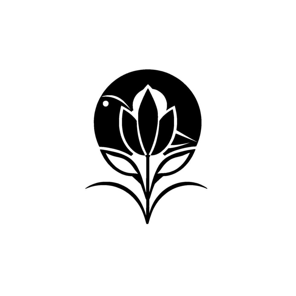 Symbolic Black and White Botanical Emblem Bird and Lotus Within a Circle, Suggesting Harmony and Natures Beauty vector
