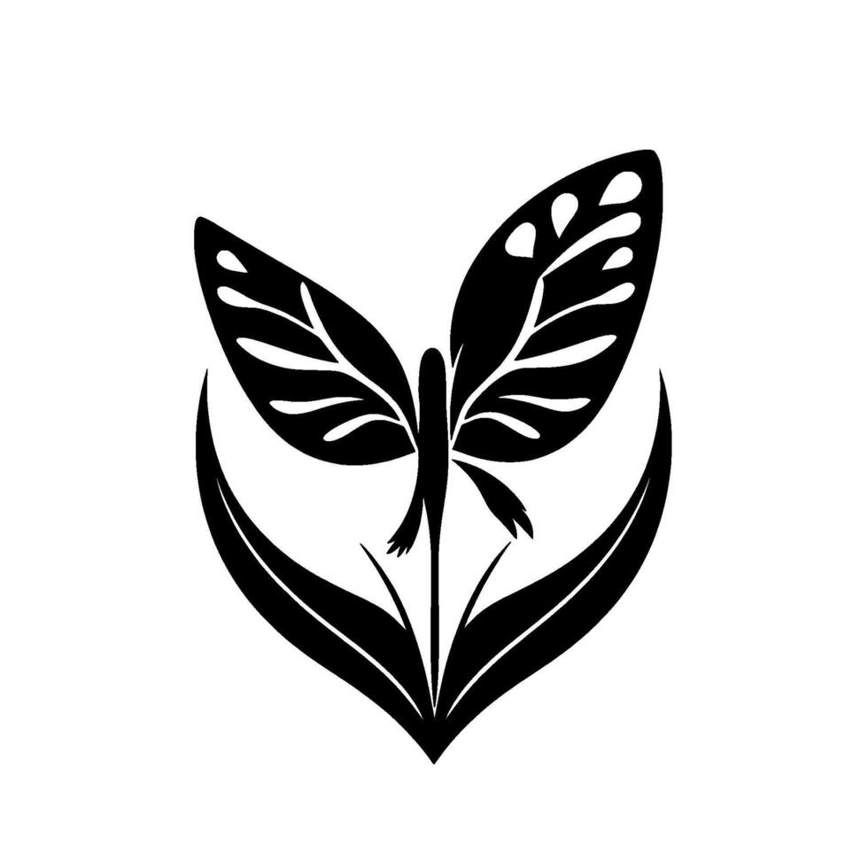 Abstract Black and White Illustration of Butterfly atop a flower stem, featuring symmetrical wings and leaves, minimalist . vector