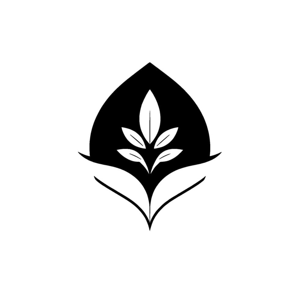 Abstract Minimalist Black and White Leafy Plant Growing Inside a Shield of Leaves in a Modern, Clean . vector