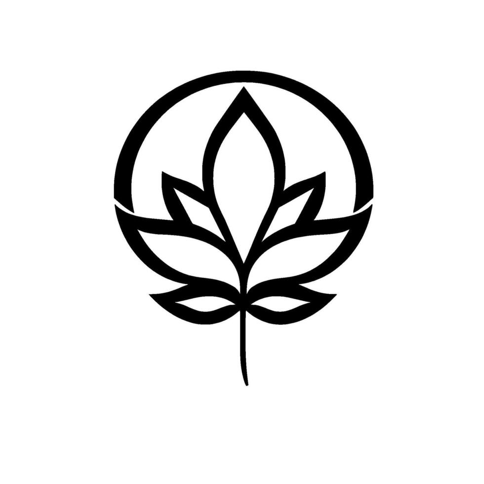 Simplified stylized cannabis leaf within a circular frame, rendered in grayscale with sharp lines, isolated on white. vector