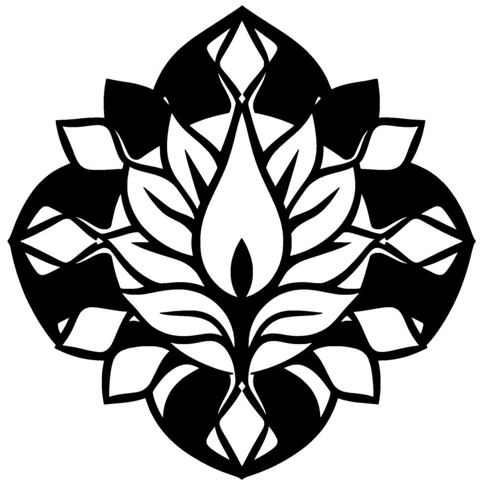 Symmetrical Black White LotusLike Mandala, Intricate Floral , Geometric Petal Pattern on White Background. vector