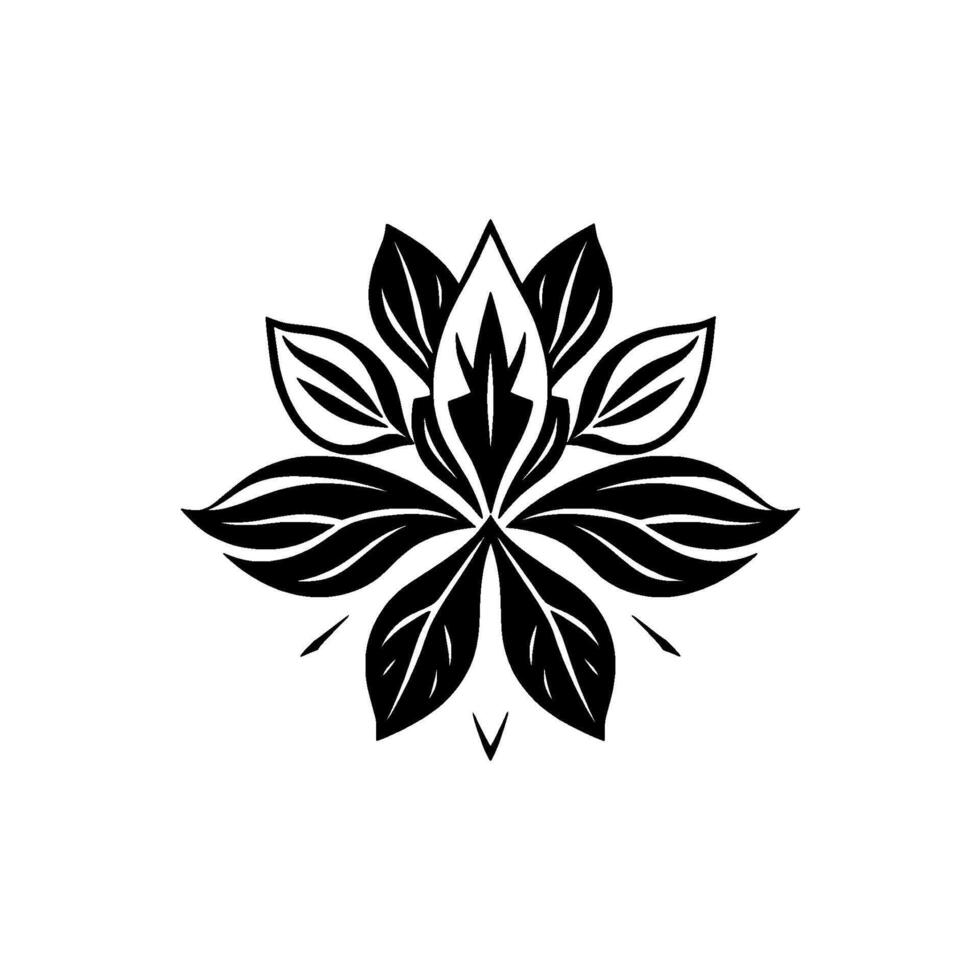 Symmetrical Black Lotuslike Floral on White Background, Featuring Detailed Leaf Forms and Central Spike. vector