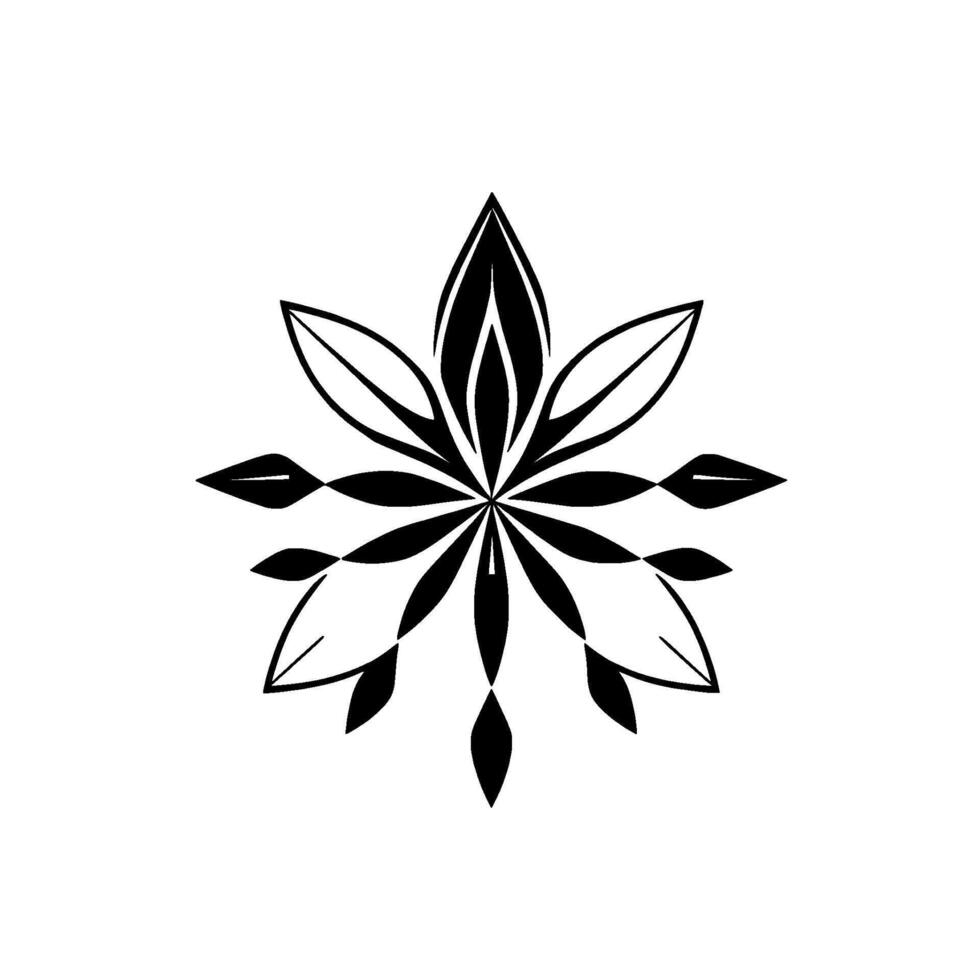 Symmetrical Black and White Floral Mandala , Geometric Leaf Pattern, Elegant Botanical Art with Minimalist Aesthetic, Central Point Composition. vector