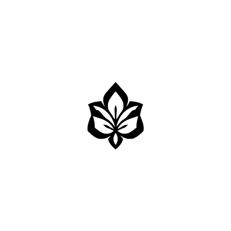 Minimalist black and white symmetrical floral with stylized leaves arranged in a decorative central cluster, isolated. vector