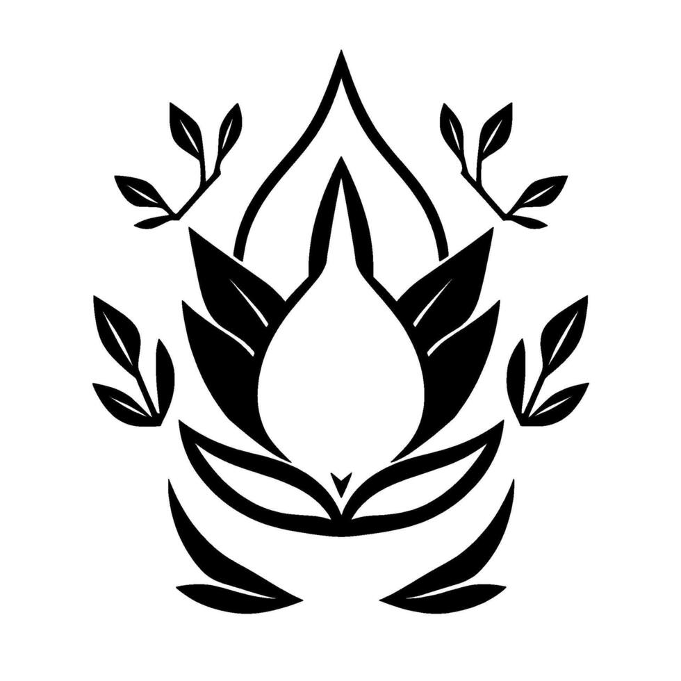 Black and White Minimalist Floral Emblem A symmetrical botanical featuring stylized leaves and a central droplet shape, evoking elegance. vector