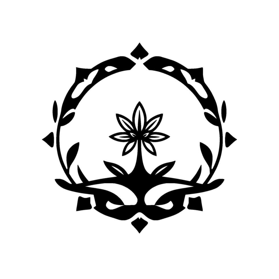 Black and White Decorative Emblem Stylized Floral Enclosed by an Ornamental Wreath and a Masklike Shape vector