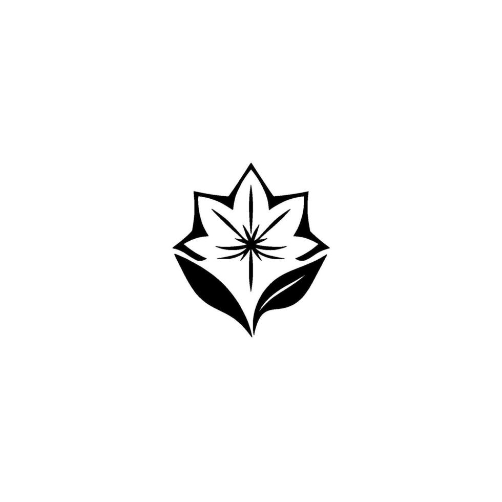 Minimalist Black and White Floral Emblem with Starburst Center, Leaf Accents, Centered on White Backdrop vector