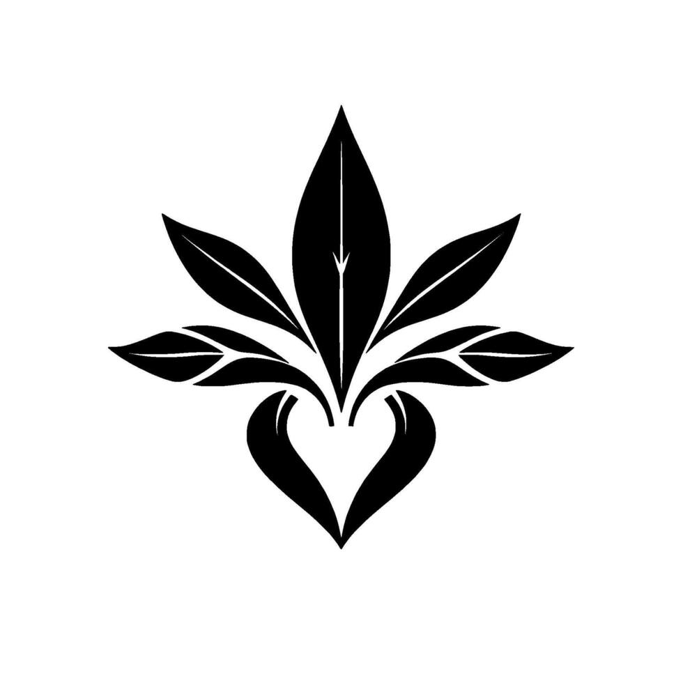 A symmetrical black and white botanical illustration, featuring stylized leaves emanating from a heartshaped base, creating a modern and elegant emblem. vector