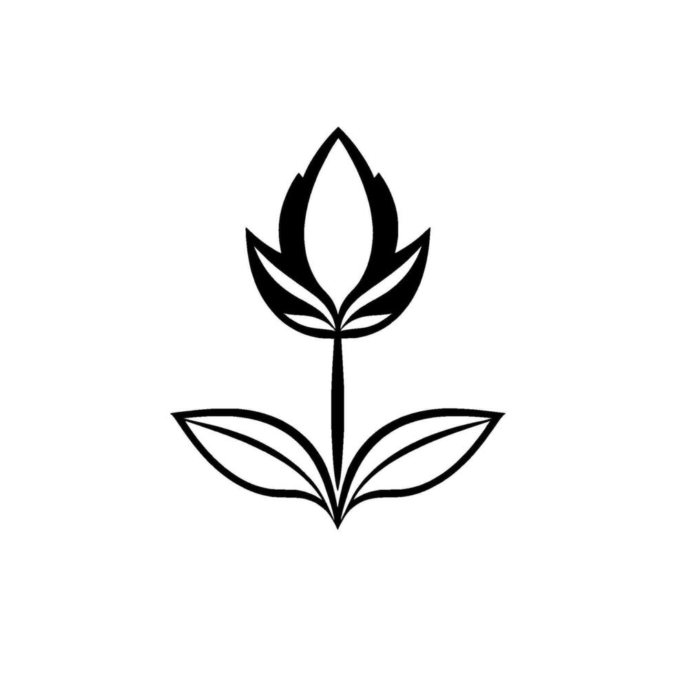 Elegant, stylized black and white floral , featuring a symmetrical tuliplike with leaves on a clean white background. vector