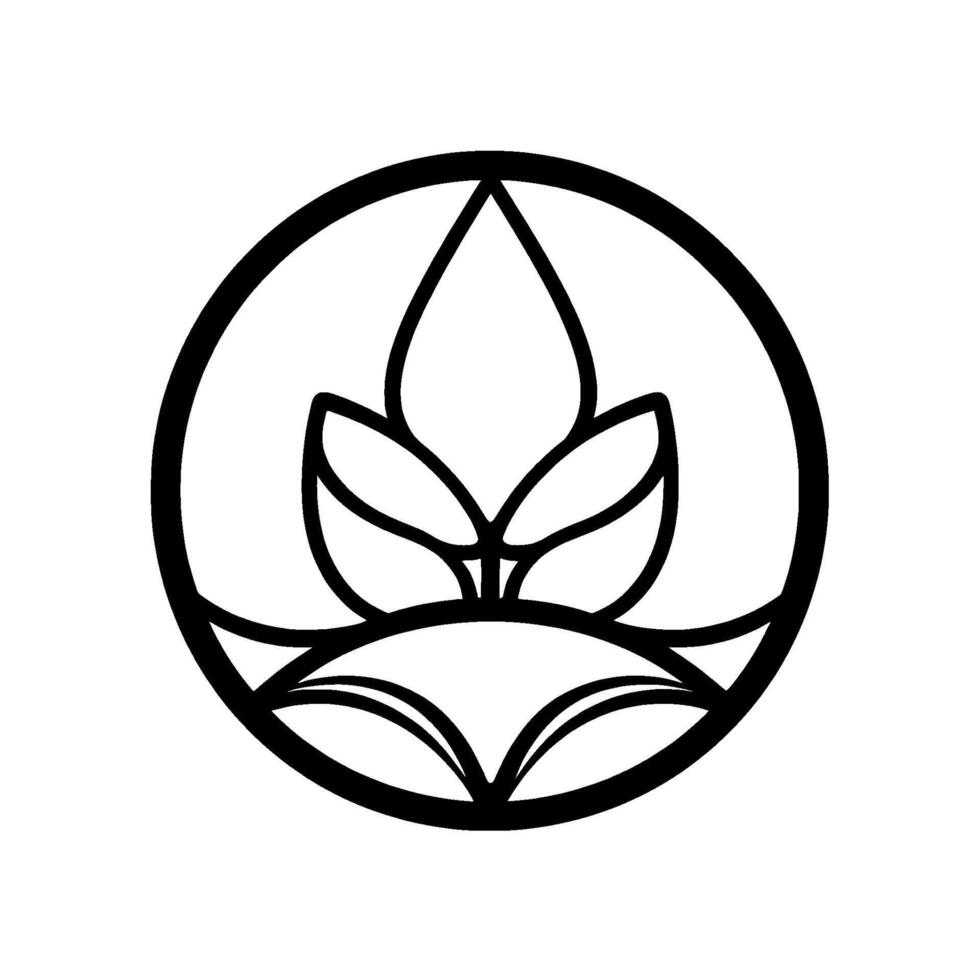 Modern, minimalist botanical emblem in a circle, featuring symmetrical stylized leaves and a clean, , in black and white. vector