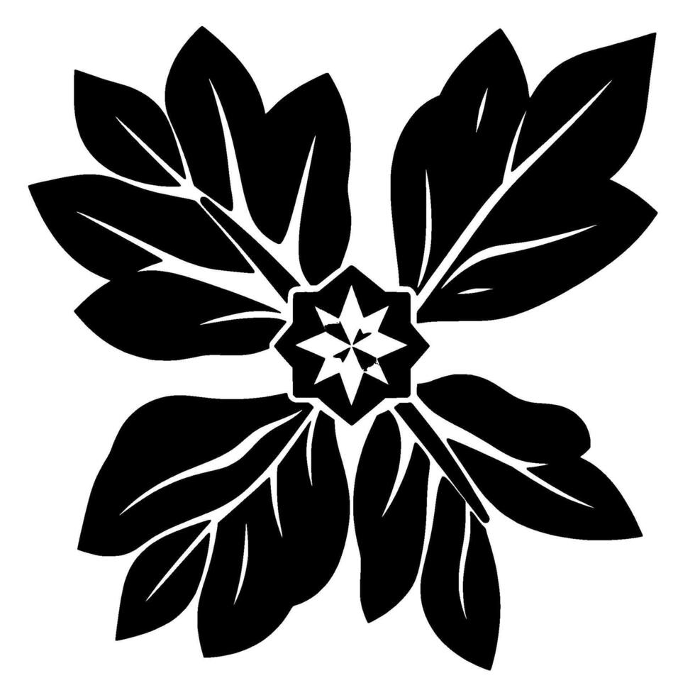 Symmetrical Black and White Floral Featuring EightPointed Star Center and Detailed Leaf Patterns. vector