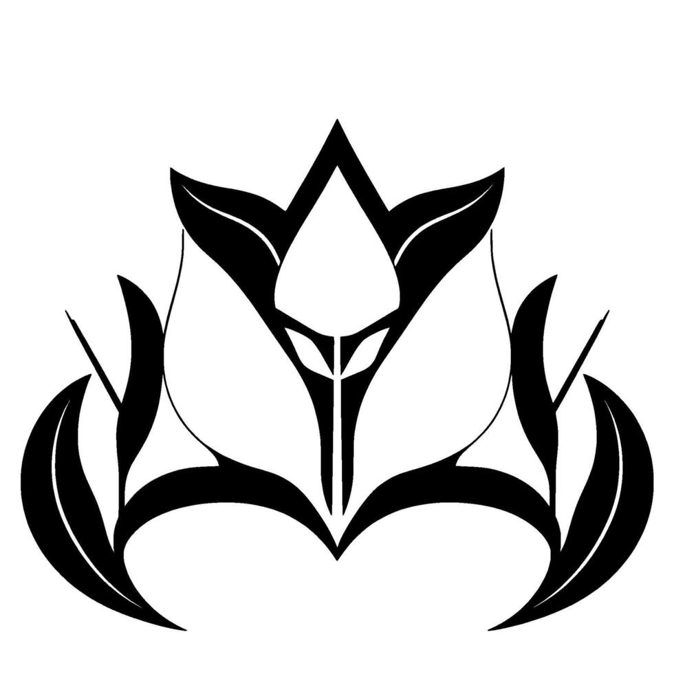 Elegant black and white floral featuring symmetrical leaves and a central, stylized flower or bud against a clean white background. vector