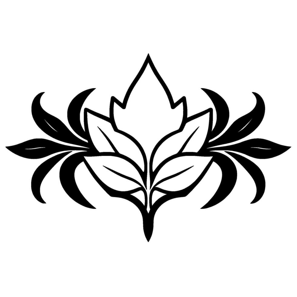 Symmetrical Black and White Botanical A stylized floral motif featuring central leaf cluster with flanking leaves, a minimalist artistic approach. vector