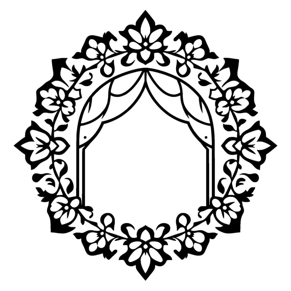 Ornate Black Floral Bordered Archway with Curtains, Geometric Outline, and Symmetrical on a White Background. vector