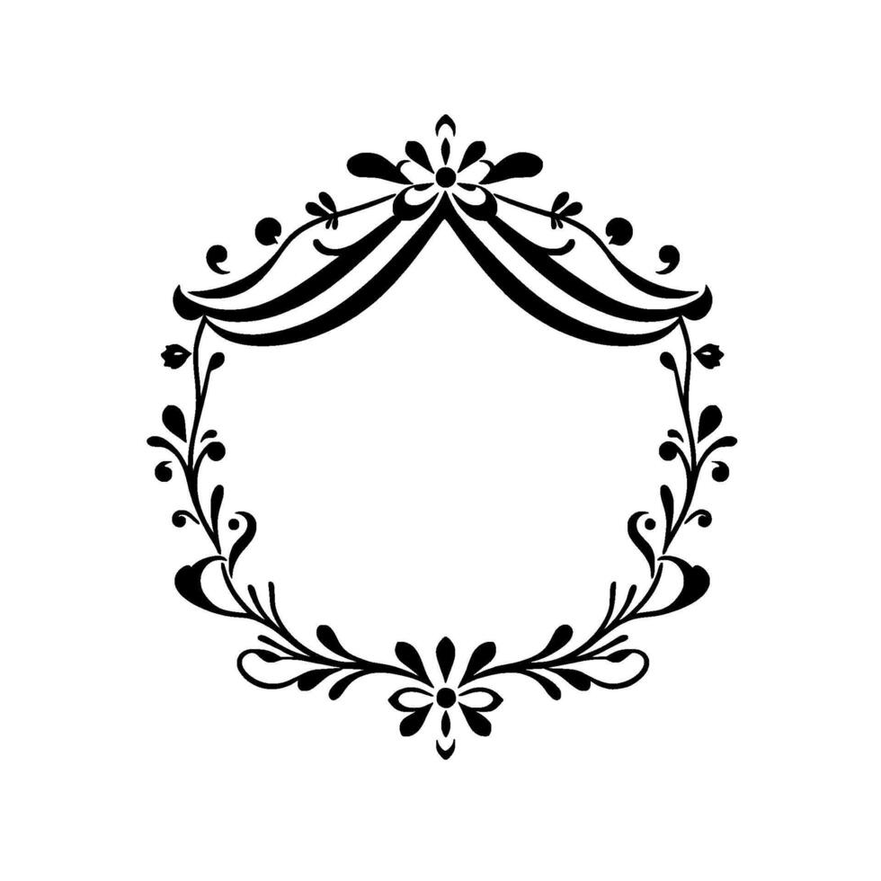 Ornate Black and White Floral Frame with RibbonLike Drapes and Decorative Flourishes on a White Background vector