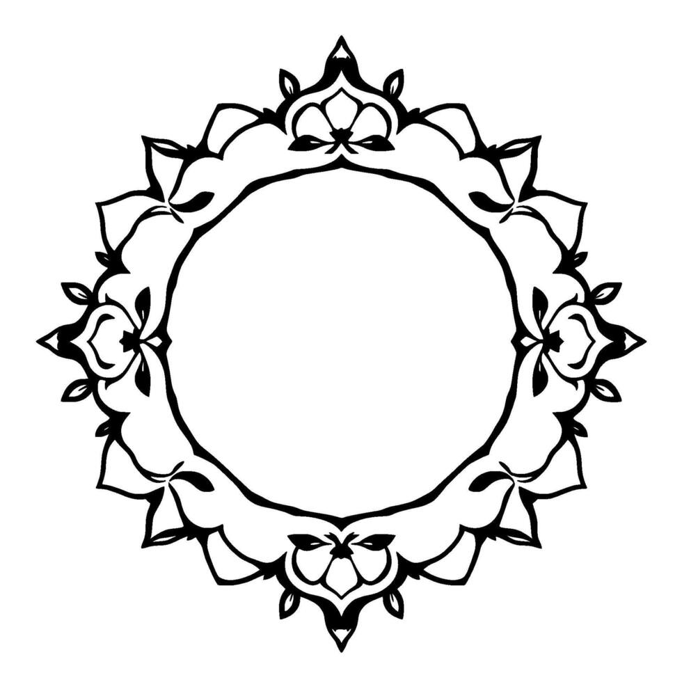 Intricate Black and White Circular Floral Frame, Minimalist with Ornamental Blossoms, Elegant, Decorative, Isolated on White Background. vector