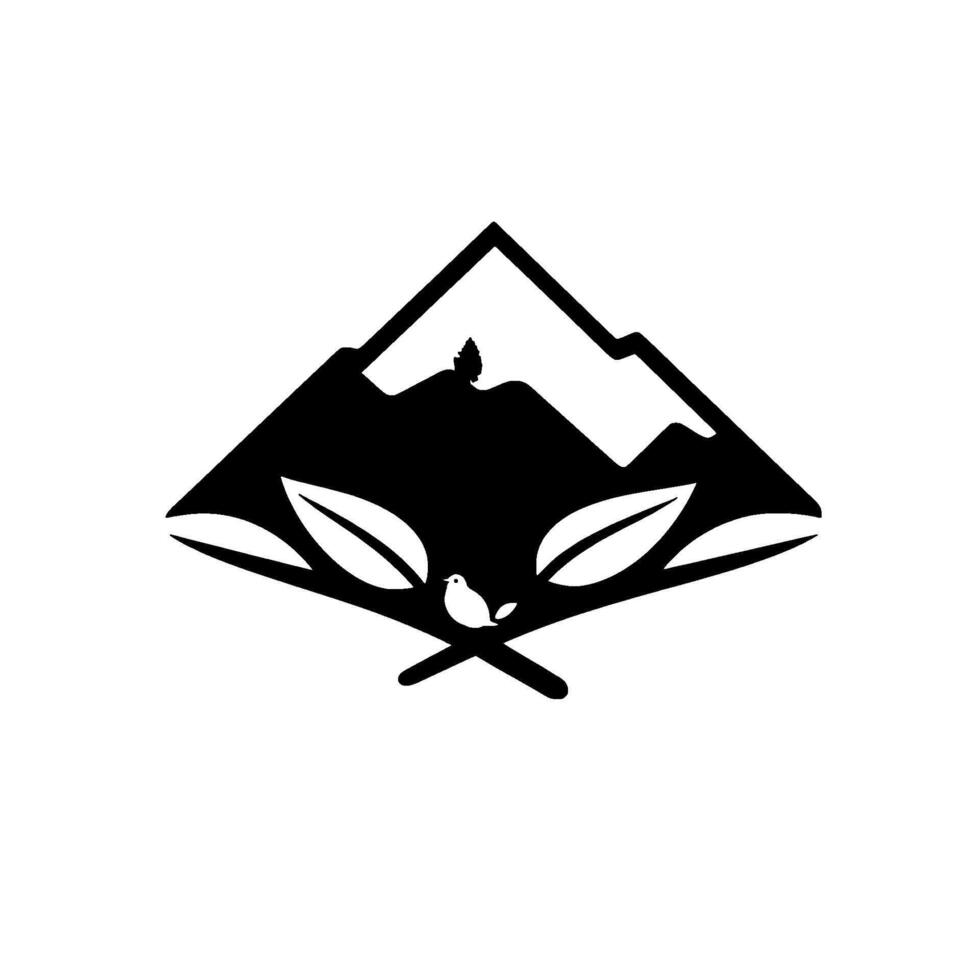 Monochromatic Nature Mountain, Bird, Leaves, and Crossed Branches, a minimalist vector