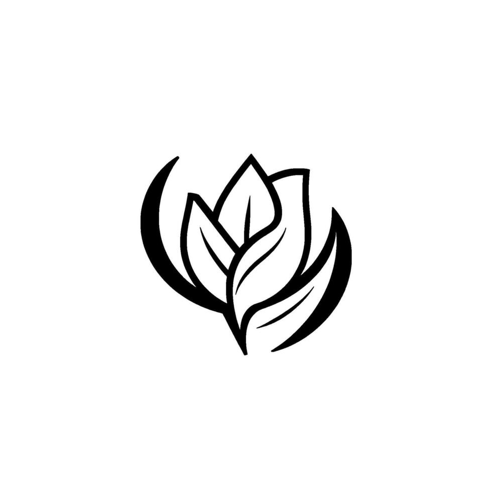 Abstract Black White Stylized Botanical Featuring a Central Leaf Cluster Enclosed by Arched Crescent Shapes on a Pure White Background. vector