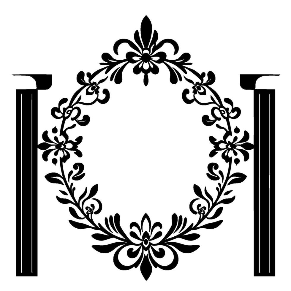 Elegant Black Floral Frame with Roman Columns, Symmetrical on White Background. vector