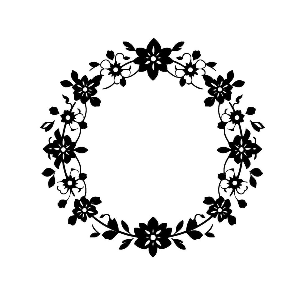 Elegant black floral wreath illustration with stylized flowers, vines, and leaves arranged in a circular ornamental against a white background, perfect for embellishments. vector