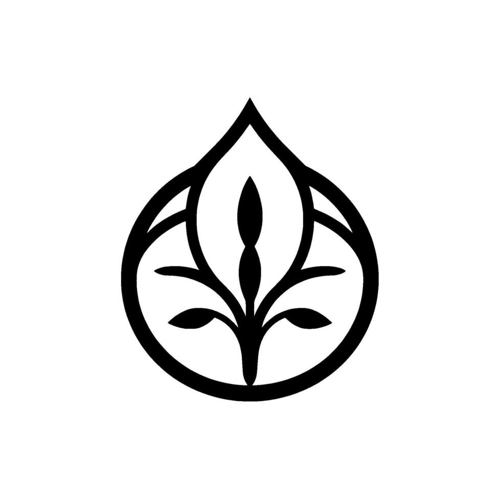 Minimalist Black and White Floral Emblem A symmetrical stylized botanical within a teardrop shape. vector
