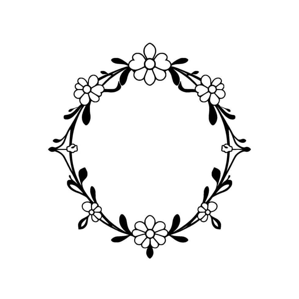 Elegant Black and White Floral Wreath A symmetric botanical illustration of flowers and leaves arranged in a circular frame, perfect for decorative designs. vector