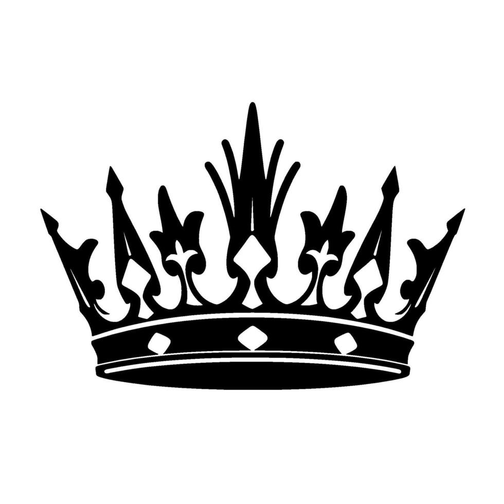 Ornate Black Silhouette Crown on White Background with Intricate Spikes and Floral Embellishments, Regal . vector