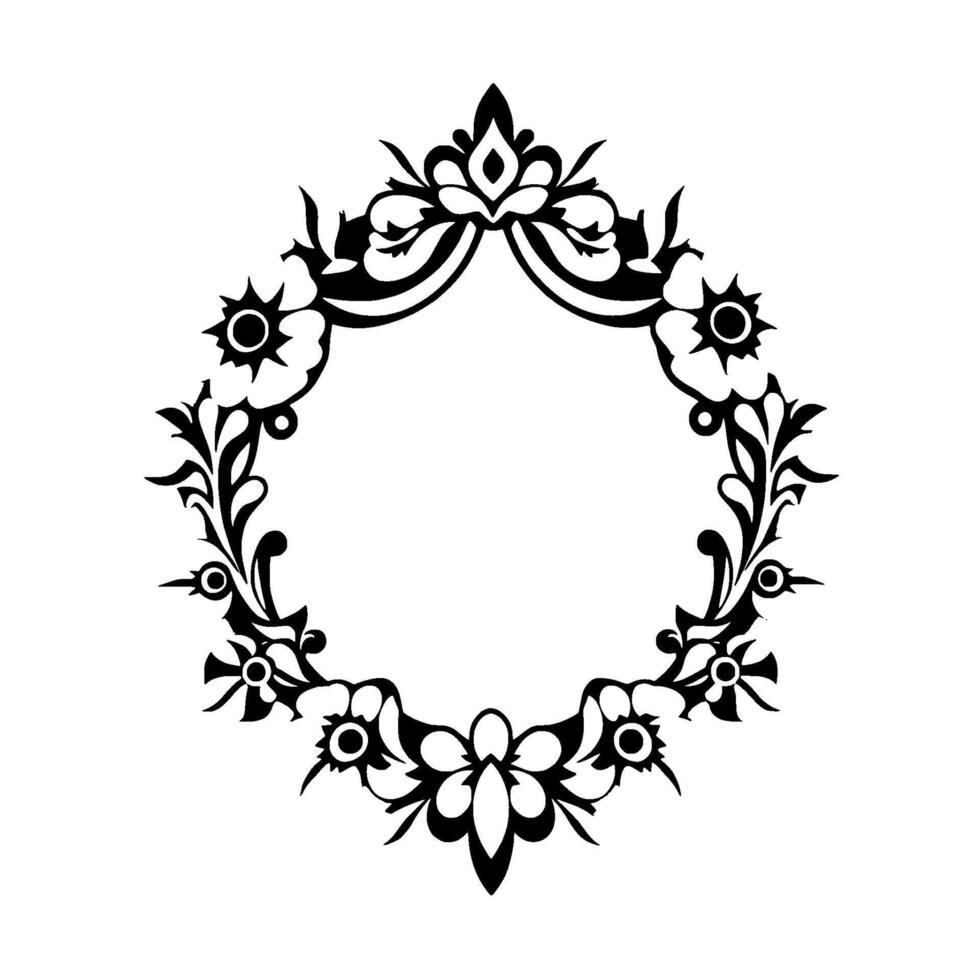 Elegant black and white floral wreath with intricate details, a symmetrical circular composition on a clean white background. vector