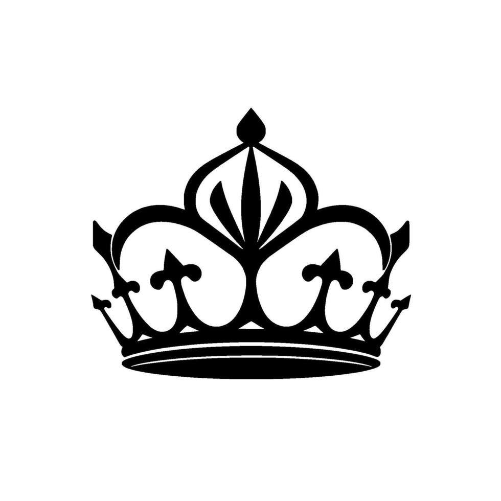 Royal crown in black and white, featuring ornate scrollwork and stylized floral elements, ideal for branding and logos. vector