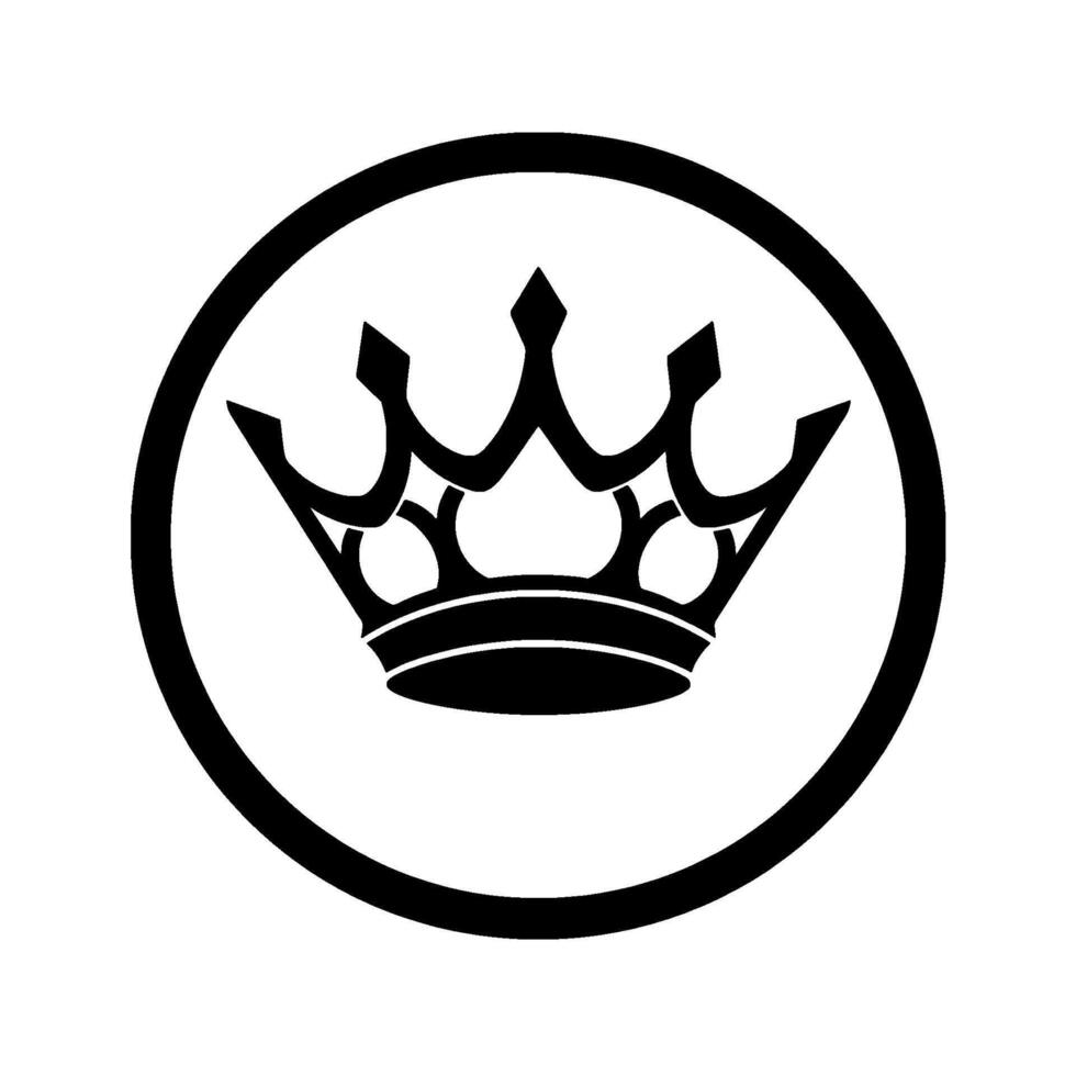 A bold, simple, black and white crown enclosed within a circular frame, symbolizing royalty and power, ideal for emblems and logos. vector
