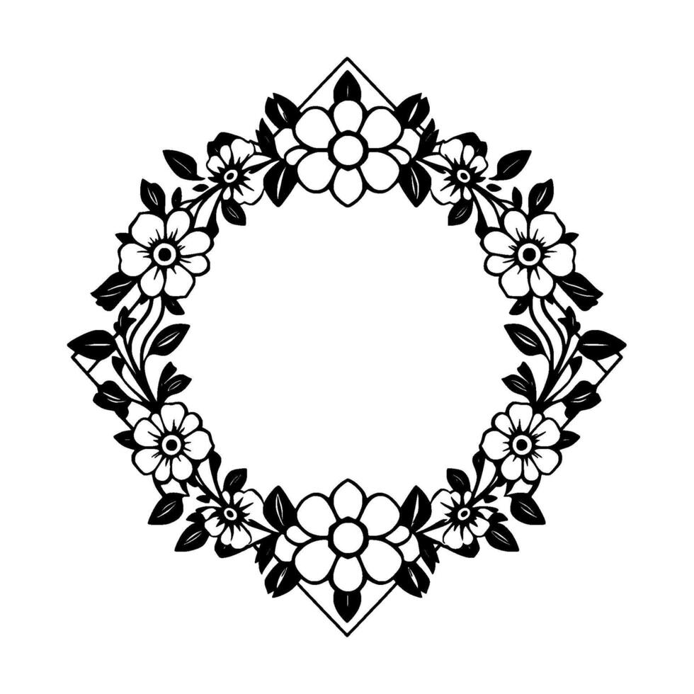 Ornate black and white floral wreath with geometric accents, creating a symmetrical circular frame with a clean, modern aesthetic. vector