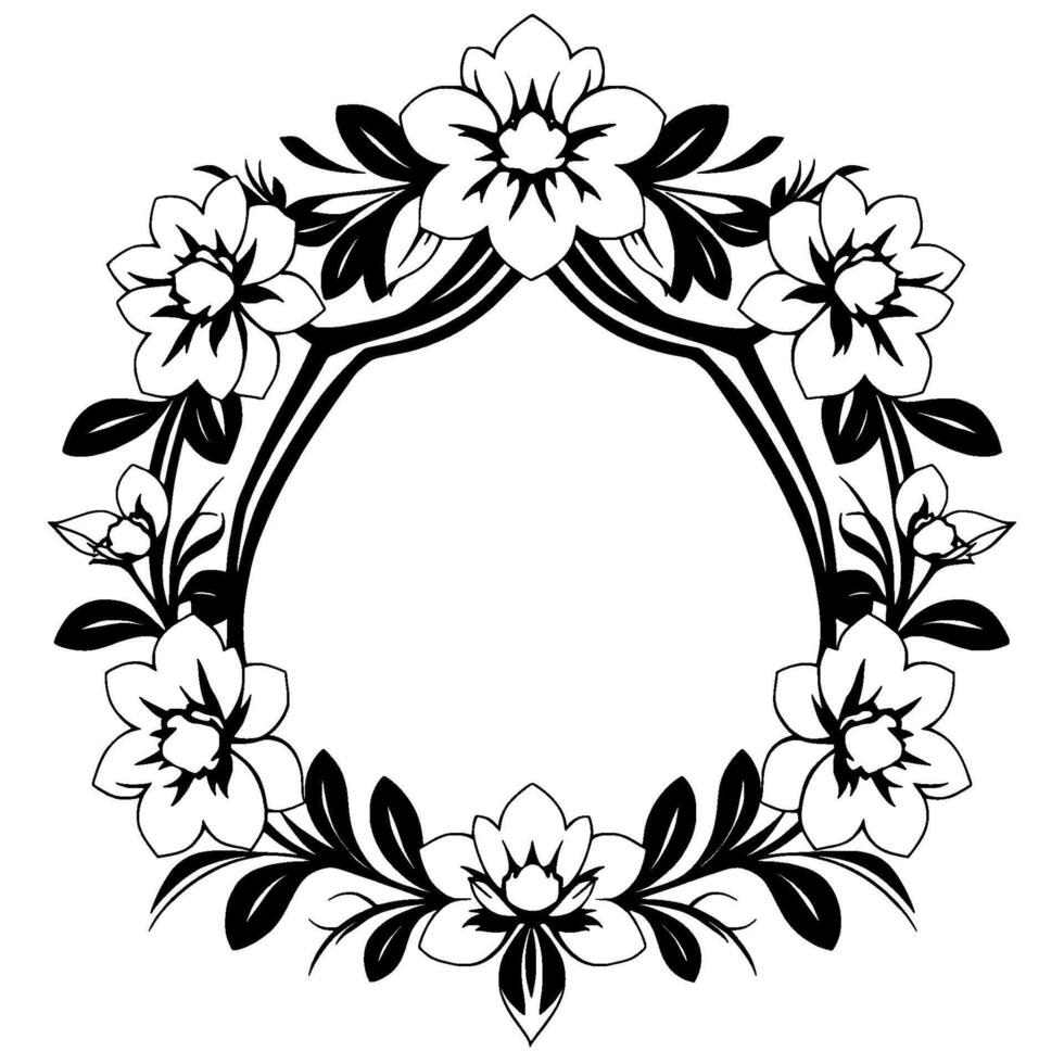 Intricate black and white floral wreath, composed of stylized flowers, leaves, and delicate stems, forming a decorative frame. vector