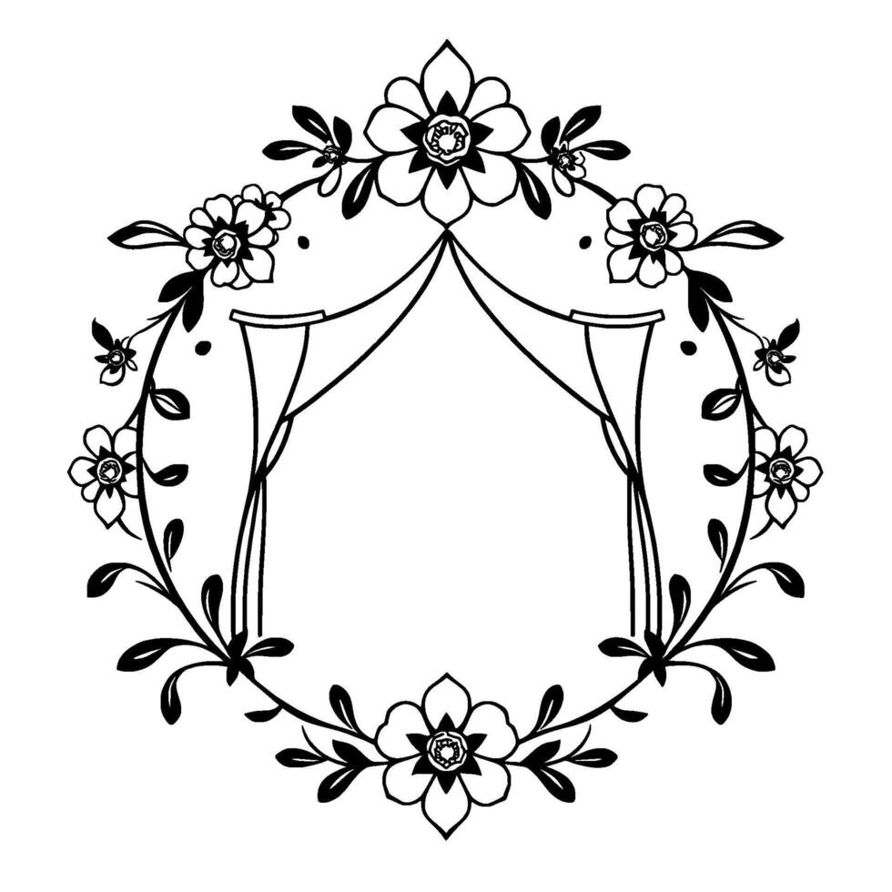 Delicate floral circular frame featuring stylized flower motifs, arched interior lines, and a minimalist monochrome aesthetic. vector