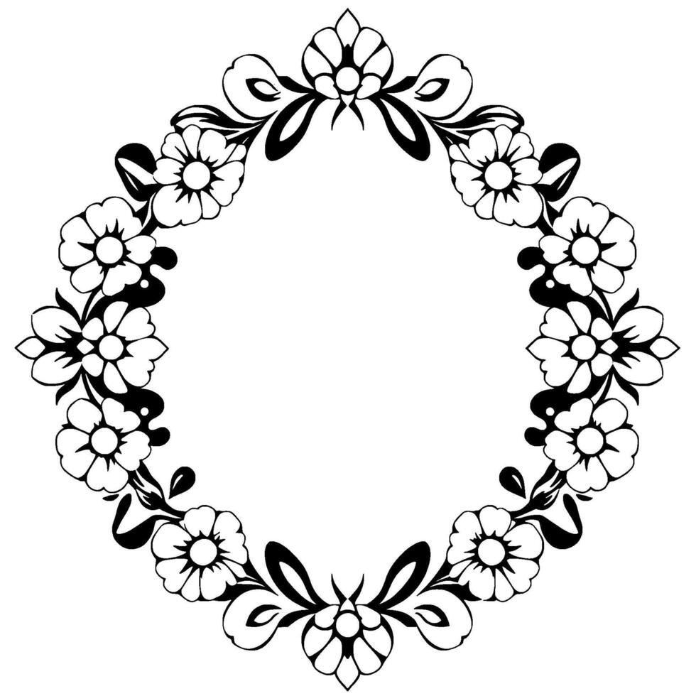 Intricate Black and White Floral Wreath with Flowers and Ribbons, Symmetrical , Artistic Circular Frame. vector